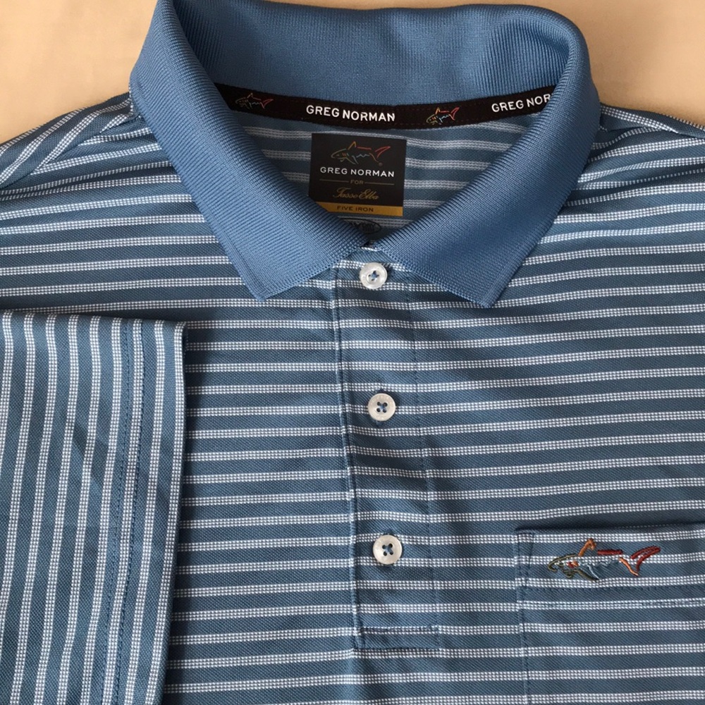 Greg Norman Tasso Elba Five Iron Mens Polo Shirt Golf XL Blue White Stripe - Picture 2 of 13